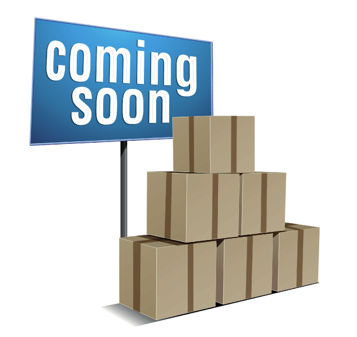 Coming soon notification image: The image uses a blue sign and stacked cardboard boxes as visual cues for delivery or a new arrival.